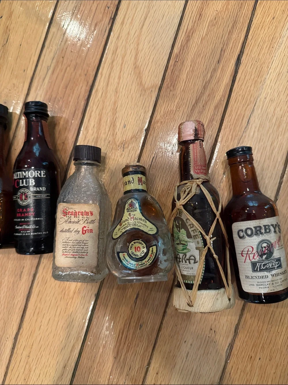 8 Assorted Miniature Decorative empty Liquor Bottle Set - Brown